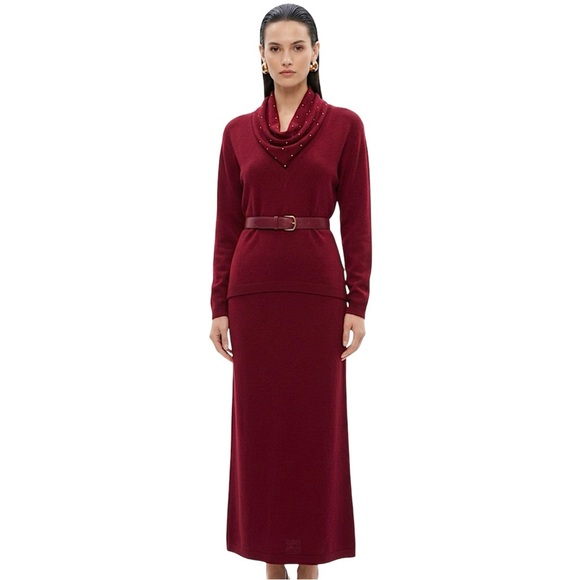 ST. JOHN Vtg Santana Knit 3-Pc Ensemble Skirt Cowl Neck Sweater & Belt Size 6